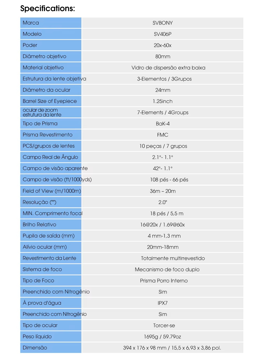 Luneta de Observação SV406P ED 20-60x80 FMC Foco Duplo 3