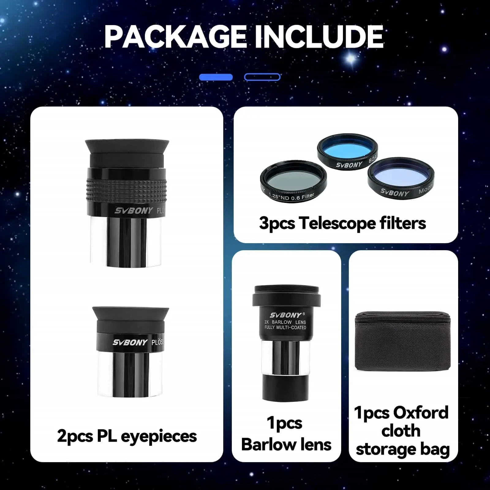 Kit SV233 7 Peças Ocular Plossl 6 e 17mm Barlow 2x Filtro lunar ND4 e Colorido 82A + Bag