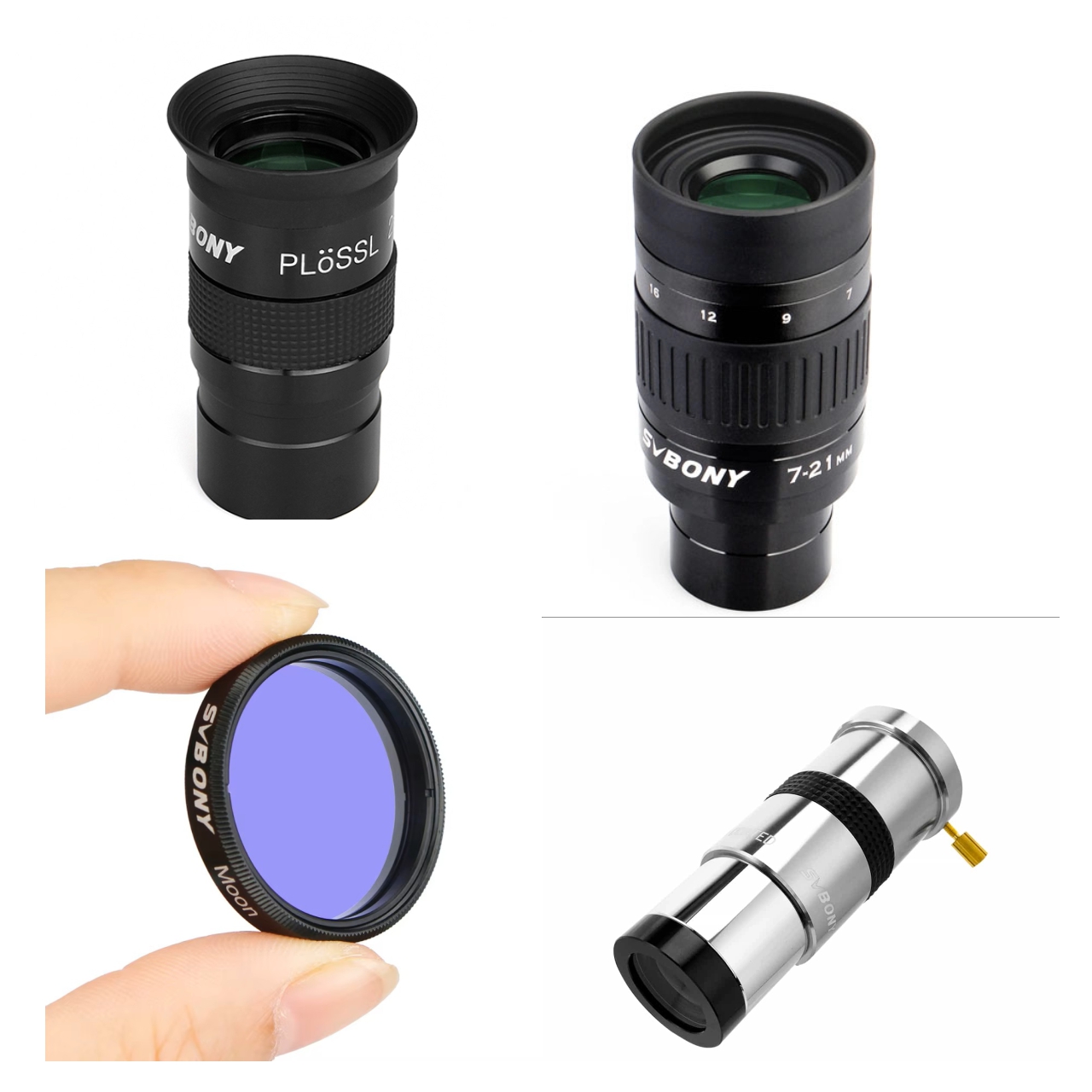 KIT Oculares SV135 7-21mm 1.25 Plossl 25mm - Barlow 2x e Filtro Lunar